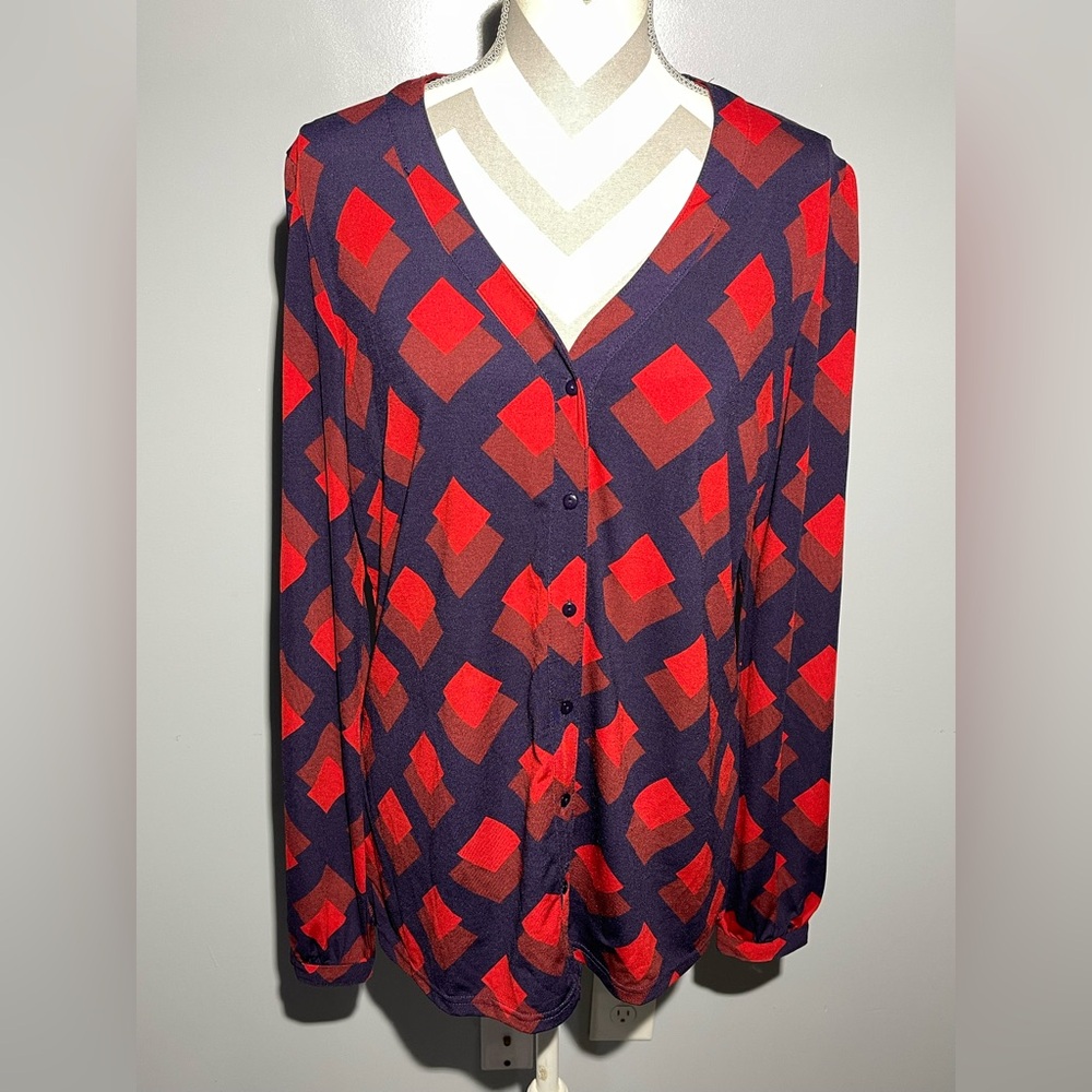 Long Tall Sally Red and Blue Geometric Button Down Shirt